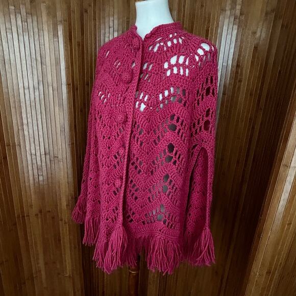 Vintage Sweaters - Vintage 70s Crochet Poncho Cardigan Raspberry Pink Fringe